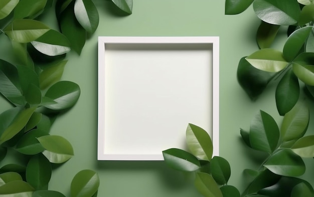 layout criativo folhas verdes com quadro quadrado branco colocado plano para cartão publicitário ou convite