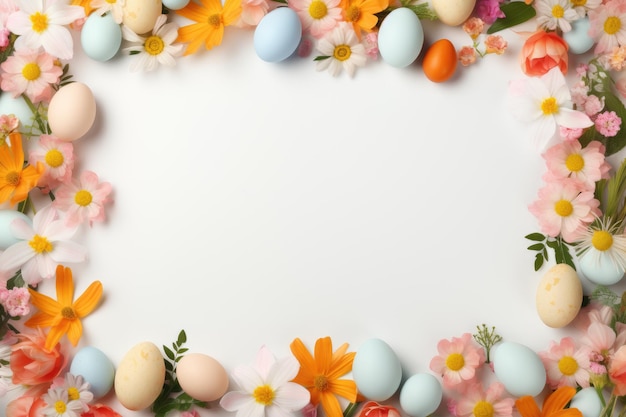 Layout criativo na parte superior de uma moldura feita de ovos de páscoa e flores geradas