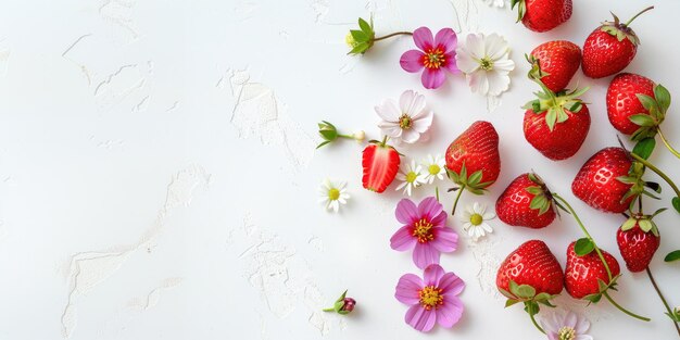 Layout de arranjo de fronteira com morangos e flores de margarida roxa em fundo branco de textura