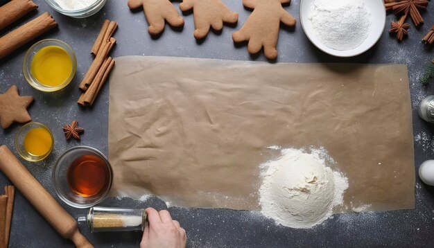 Layout de ingredientes para fazer gingerbread homem bolos de Ano Novo na mesa da cozinha