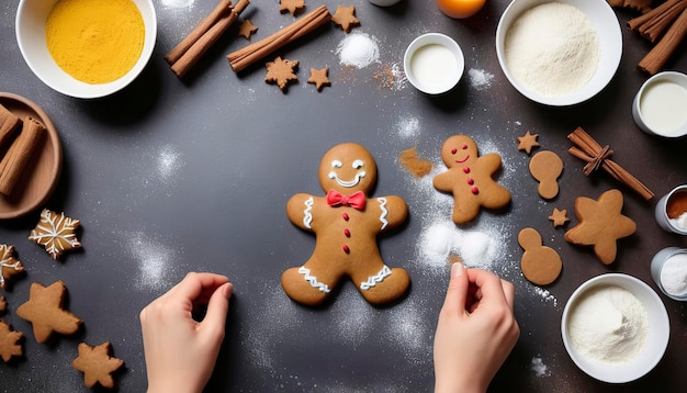 Layout de ingredientes para fazer gingerbread homem bolos de Ano Novo na mesa da cozinha