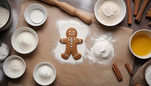 Layout de ingredientes para fazer um homem de pão de gengibre bolos de Ano Novo na mesa da cozinha