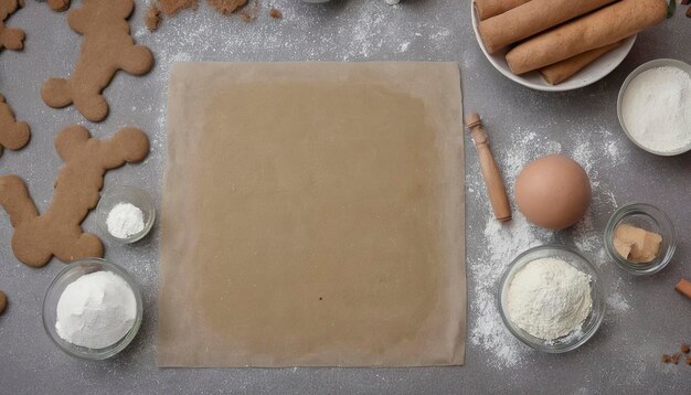 Layout de ingredientes para fazer um homem de pão de gengibre bolos de Ano Novo na mesa da cozinha