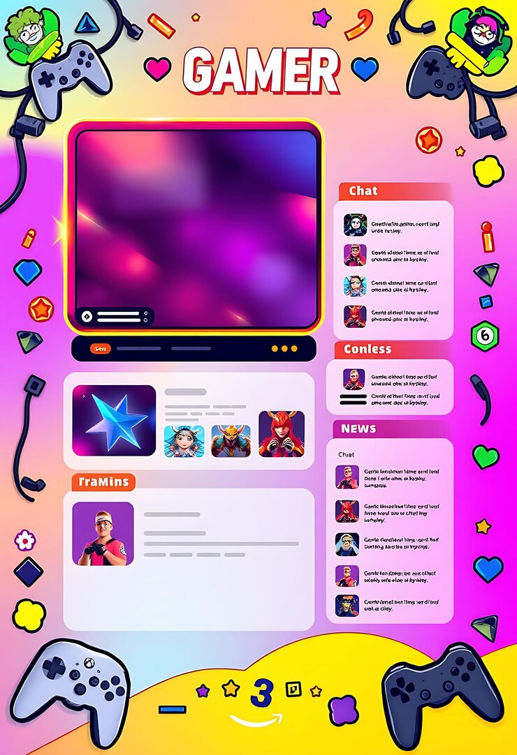 Foto layout de jogador para um streamer dedicado com cores vibrantes elementos de jogo design de interface de jogo