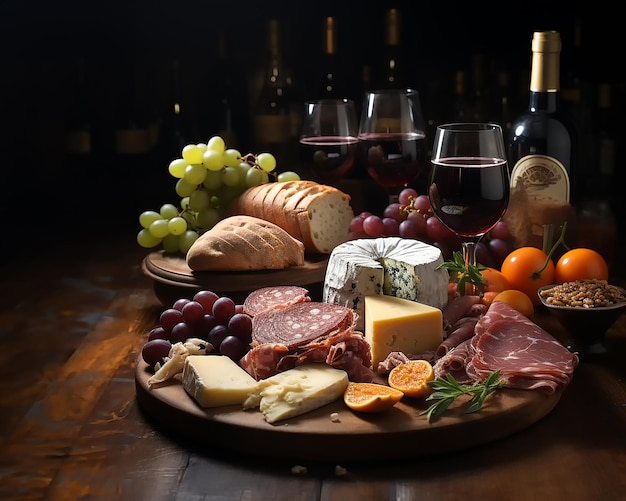 Layout de mercearia em uma mesa de madeira em tons castanhos quentes delícias de carne e queijo com ervas e ilustração de vinho Gerado com IA