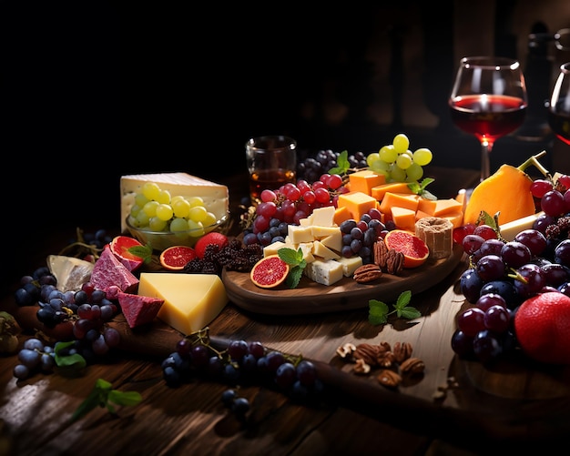 Layout de mercearia em uma mesa de madeira em tons castanhos quentes delícias de queijo com ilustração de frutas e vinho Gerado com IA