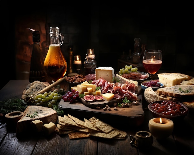 Layout de mercearia em uma mesa de madeira em tons castanhos quentes delícias de queijo com ilustração de frutas e vinho Gerado com IA