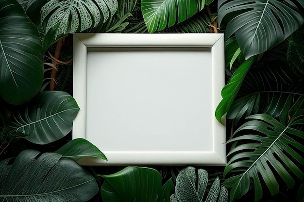 Layout de moldura de madeira quadrada branca em branco de folhas tropicais Em branco para cartão de publicidade ou convite Generative AI
