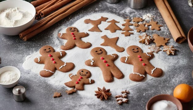 Layout der Zutaten für die Herstellung eines Ingwerbrot-Mannes Neujahrsgebäck auf dem Küchentisch