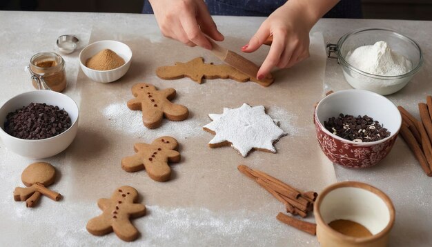 Layout der Zutaten für die Herstellung von Pfefferkuchen Mann Neujahrsgebäck auf dem Küchentisch