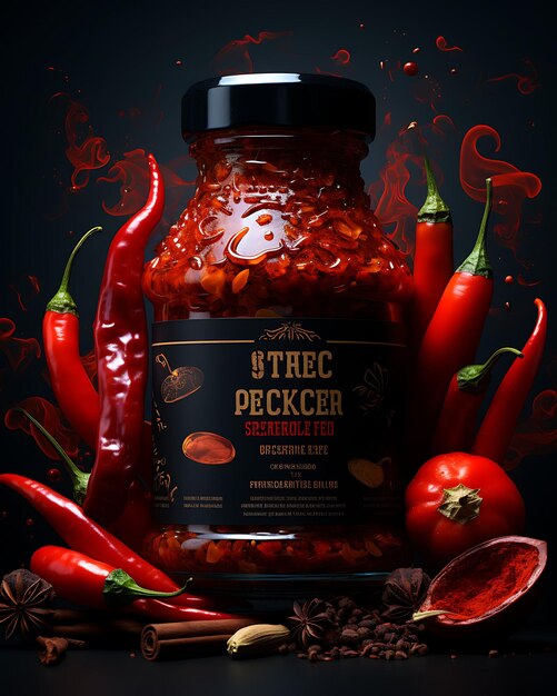 Foto layout do site embalagem de molho picante e itens ousados em um tom vermelho ardente ideias de design de conceito