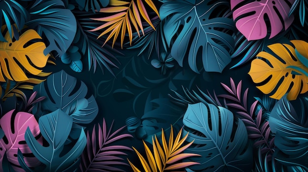 Layout moderno com folhas coloridas tropicais no espaço de fundo escuro para texto