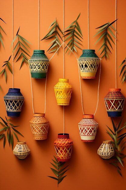 Foto layout padronizado de vasos de pongal com vapor subindo entrelaçado com cordas de papagaio e cana-de-açúcar