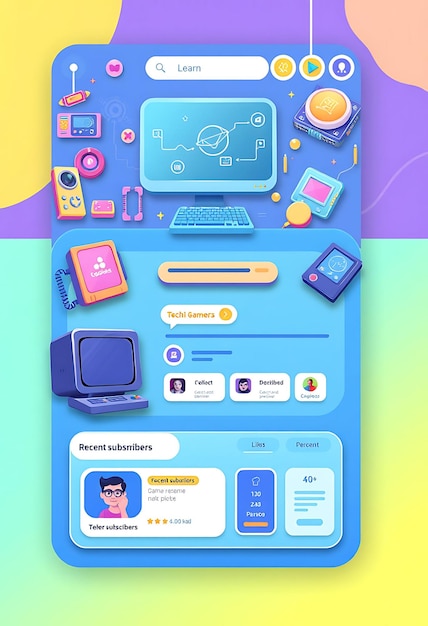 Layout tecnológico lindo para un jugador experto en tecnología con colores geniales Cute Tech G Game Interface Designa