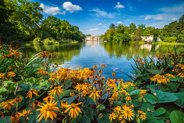 Lazienki Park - Baths Park ou Royal Baths também processado Royal Baths Park é o maior parque em Varsóvia, Polônia. Belo lago com flores rudbeckia.