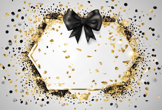 Lazo negro con confeti dorado en el fondo el concepto de regalos de vacaciones y ventas negro