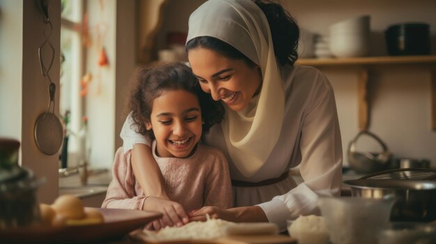 Los lazos familiares en la cocina Una mujer islámica abraza a su sonriente hija