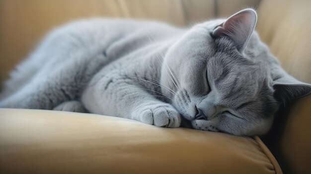 Lazy British Short Hair cat durmiendo en un sofá en un piso en Edimburgo Escocia con su cara squa