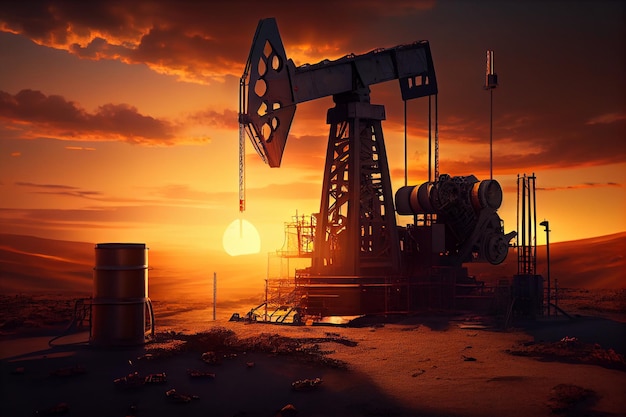 Ölbohrtürme auf einem Wüstenölfeld für die Förderung fossiler Brennstoffe und die Erdölförderung vom Boden aus. Ölbohrinsel und Pumpenheber. Drehventil und Rohrleitungen
