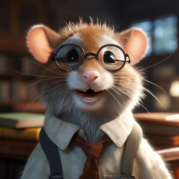 Foto le rat a lunettes une bibliotheque realiste en 4k un chefd'oeuvre pixar de haute qualité (o rato e as lunetes uma biblioteca realista em 4k e uma obra de chef da pixar de alta qualidade)