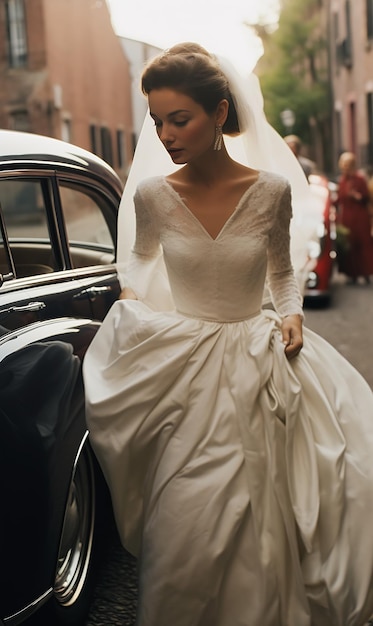 lea mujer vestido de novia apoyada contra el coche princesa alta costura de pie delante del altar robin mejor valorado