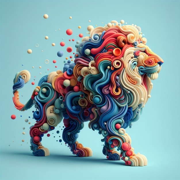 leão 3D dinâmico vibrante e vivo montado com formas orgânicas coloridas em azul claro.