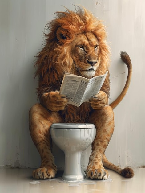 leão arrafado sentado em um banheiro lendo um jornal generativo ai