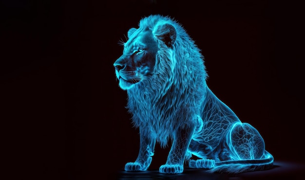 Leão artístico azul na imagem iluminada de fundo preto do rei da selva Generative AI