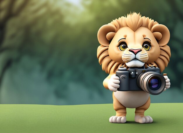 Foto leão bebê 3d segurando a câmera como fotógrafo