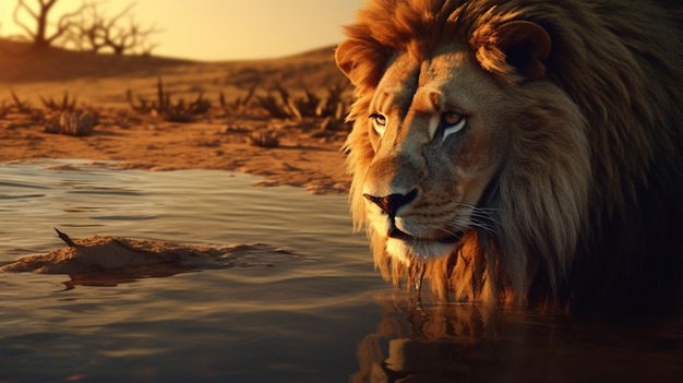 Leão bebendo água em câmera lenta imagem animal arte gerada por Ai