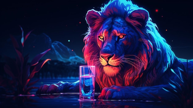Leão bebendo água neon brilhante imagem fotográfica arte gerada por Ai