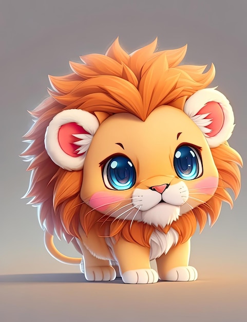 Leão bonito dos desenhos animados com ilustração de renderização 3d de olhos grandes