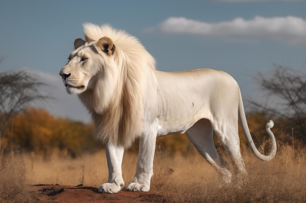 Leão branco majestoso na savana dourada generativa IA