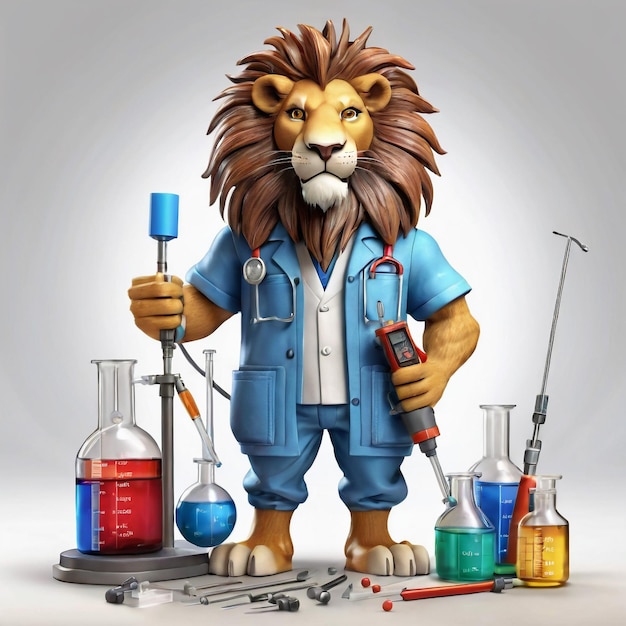 leão caricatura antropomórfica vestindo uma roupa de química com ferramentas químicas