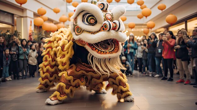 Foto leão chinês dançando e celebrando o ano novo chinês em um shopping