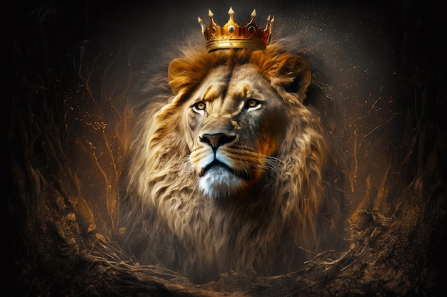 Leão com coroa na cabeça em frente a fundo escuro IA generativa