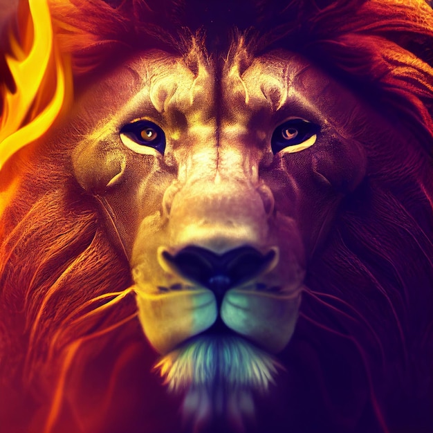 Leão com juba feita de ilustração criativa de fogo