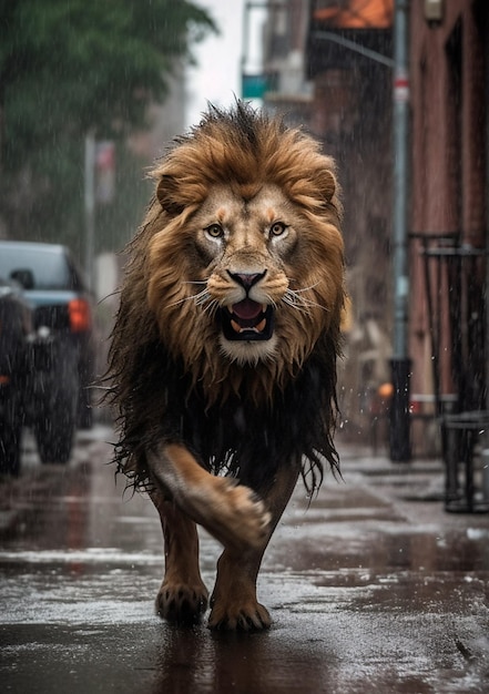 Leão correndo na chuva