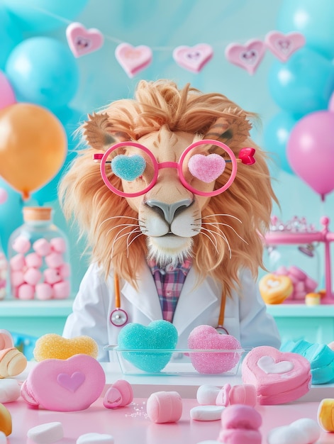 Leão de casaco de laboratório e óculos cor-de-rosa