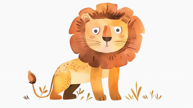 Leão de desenho animado bonito de pé em quatro patas com uma expressão feliz em seu rosto