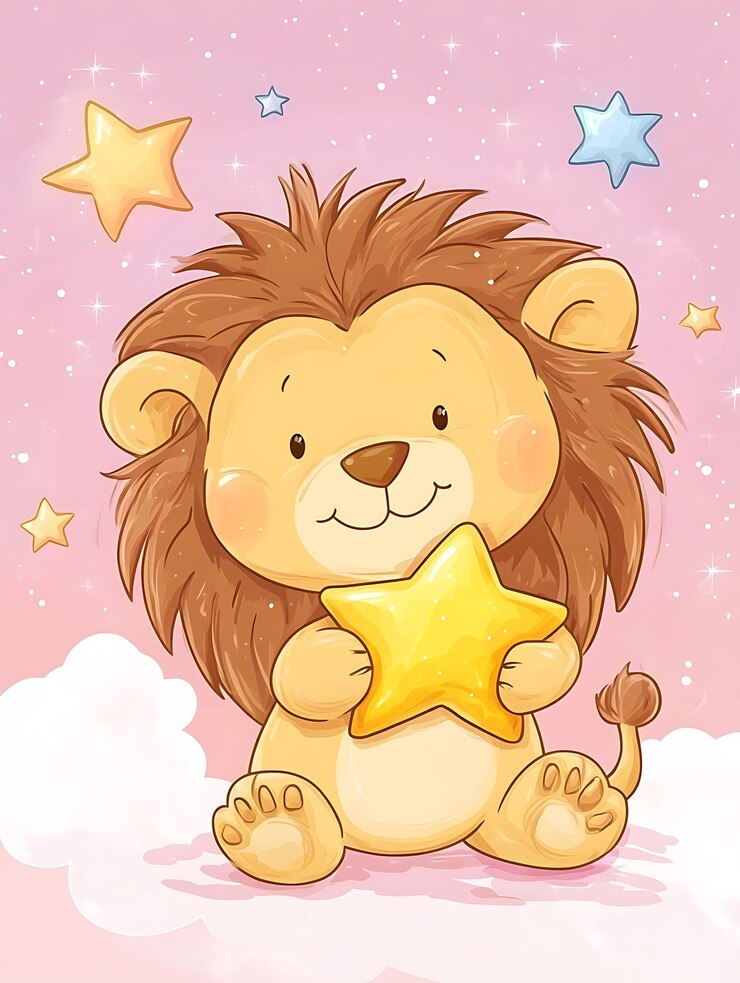 Foto leão de desenho animado segurando uma estrela no céu