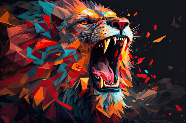 Leão de polígono colorido abstrato rugindo Fierce em chamas generative ai