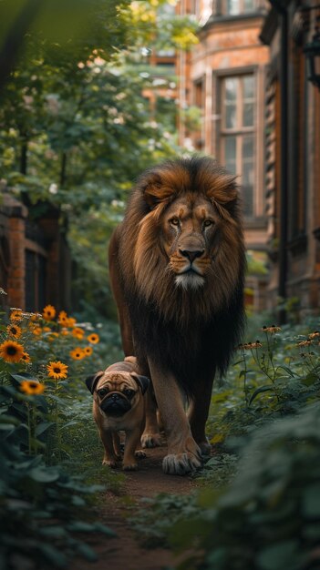 Foto leão e cão caminhando pela floresta verde e exuberante