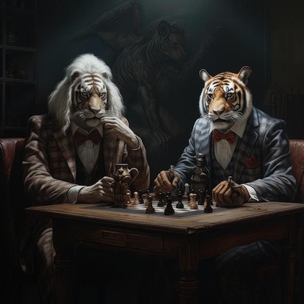 Leão e tigre de fato jogando xadrez ultra-realista muito detalhado
