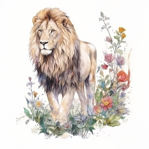 Leão em flores silvestres Pintura em aquarela sobre fundo branco