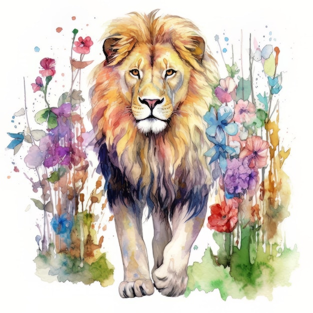 Leão em flores silvestres Pintura em aquarela sobre fundo branco