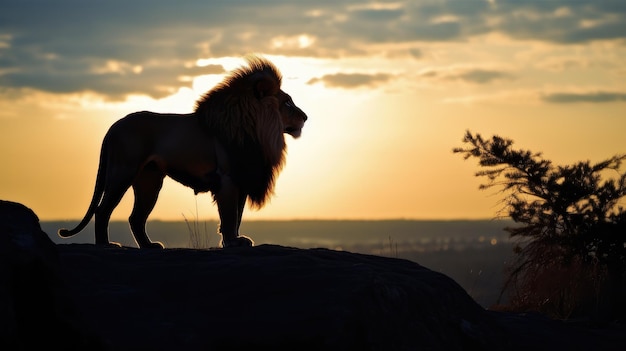 Leão em uma rocha ao pôr do sol