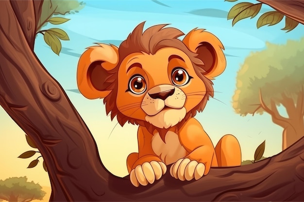 Leão engraçado na natureza selvagem Ilustração de animal de desenho animado desenhada Generative ai