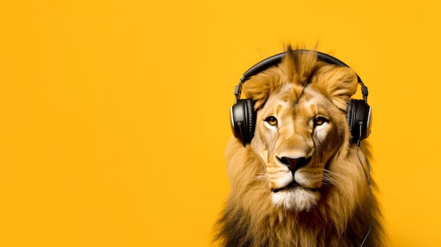 Leão fofinho ouvindo música com fones de ouvido em um fundo laranja