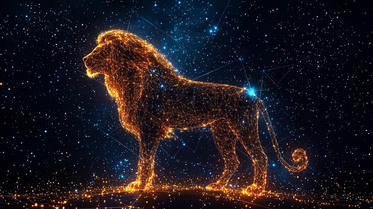 Foto leão iluminado em arte de constelação laranja de fogo